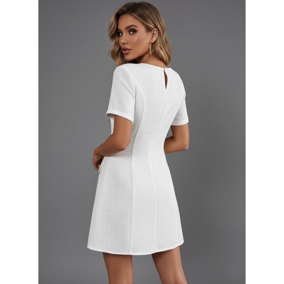 Crewneck Short Sleeve Faux Pocket Mini Dress White - Picture 2 of 5